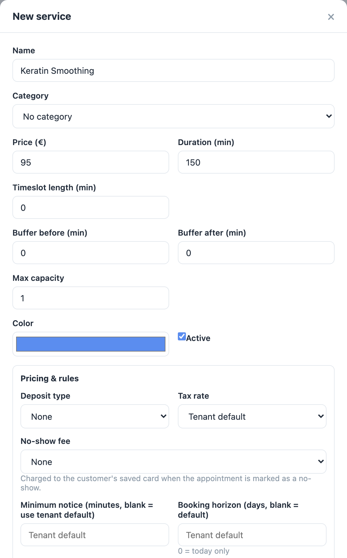 The new-service form with the Name, Category, Price (€) and Duration (min) fields filled in.