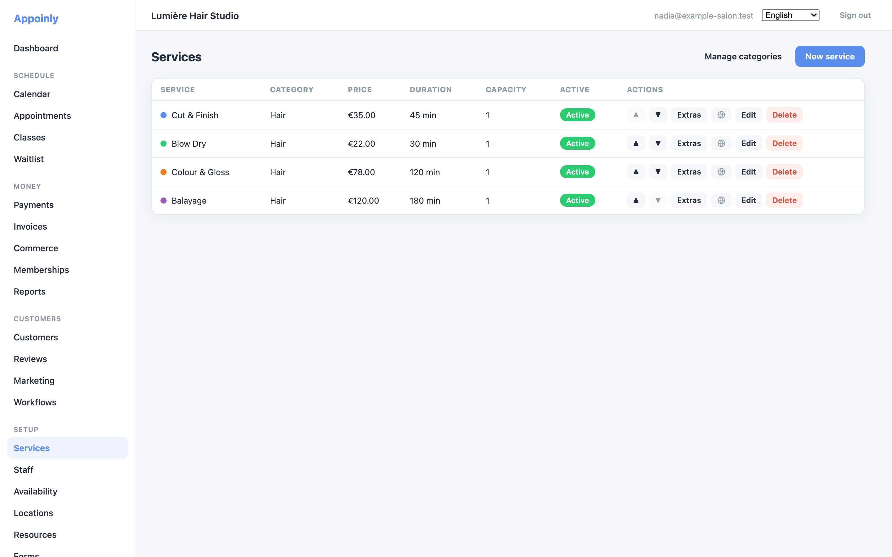 The Services page listing existing services with their duration and price, and the New service button above them.