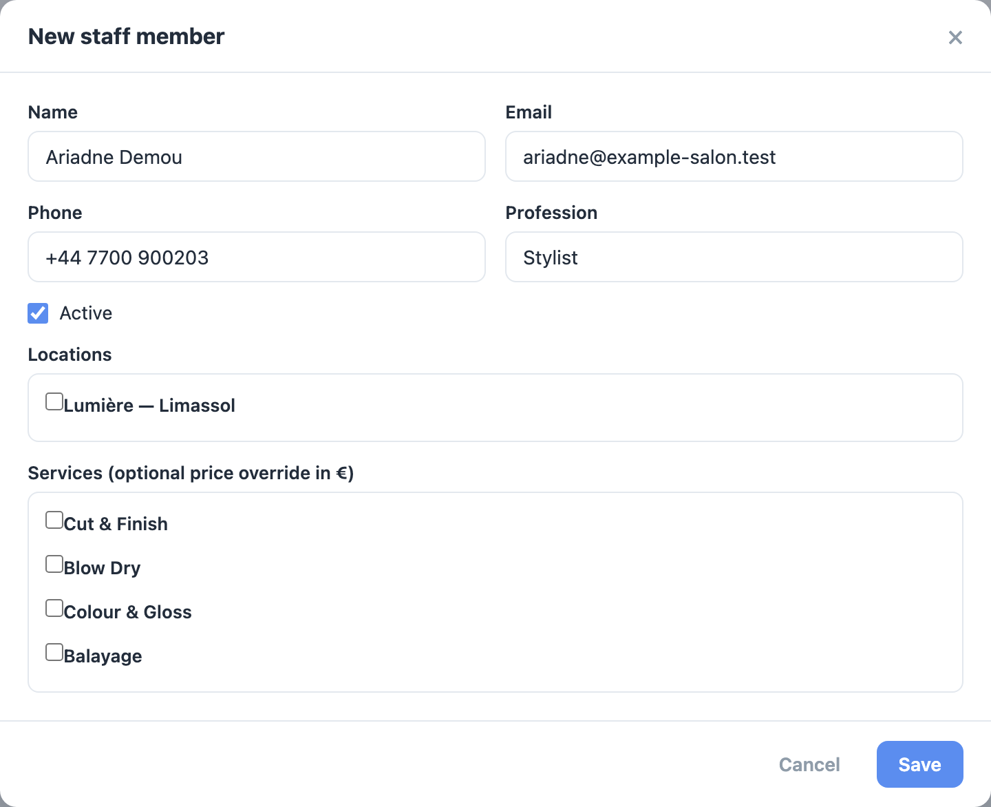 The new staff member form, with Name, Email, Phone and Profession filled in and several services ticked under “Services (optional price override in €)”.