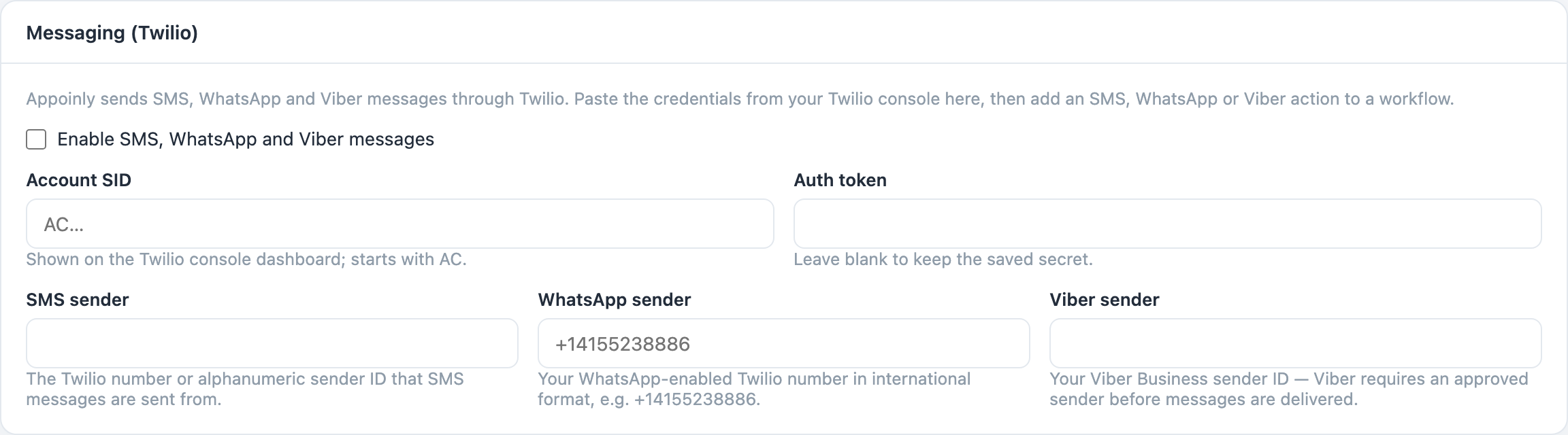 The Messaging (Twilio) card in Settings, with the Account SID, Auth token and per-channel sender fields.