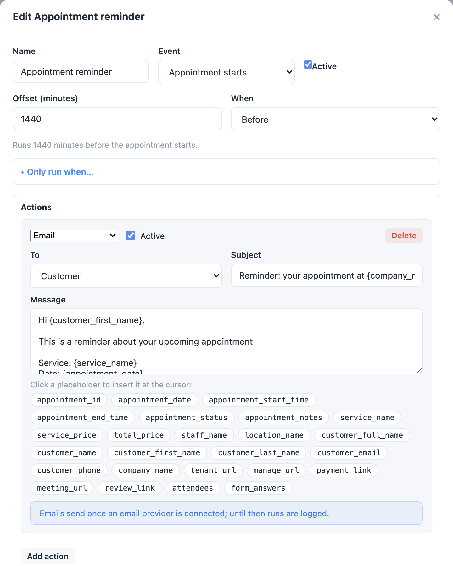 A workflow being edited: the Appointment starts event with an offset of 1440 minutes Before, and an Email action addressed To the customer.