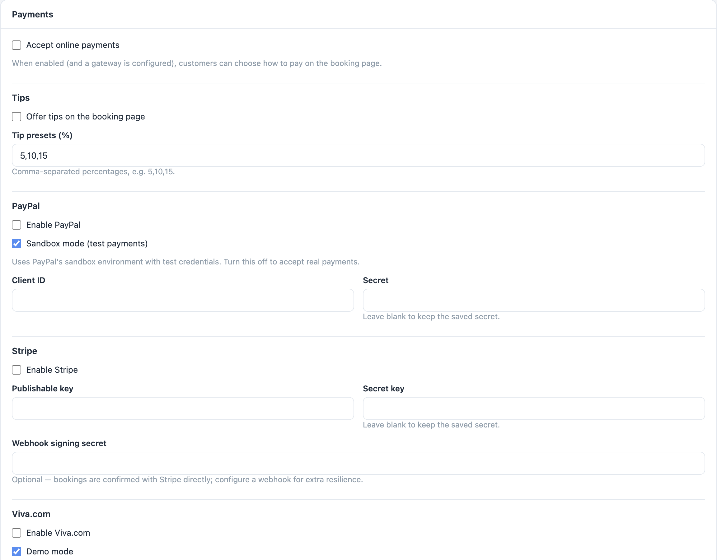 The Payments tab in Settings, with “Accept online payments” at the top and one card per provider below it.