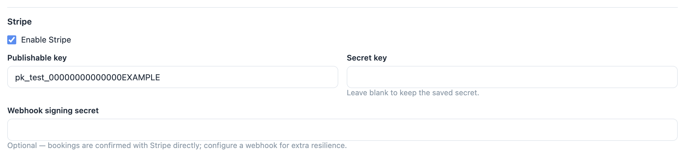 The Stripe card with Enable Stripe ticked, showing the Publishable key and Secret key fields.