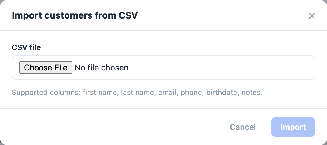 The Import CSV panel on the Customers page, with the CSV file chooser and the Import button.