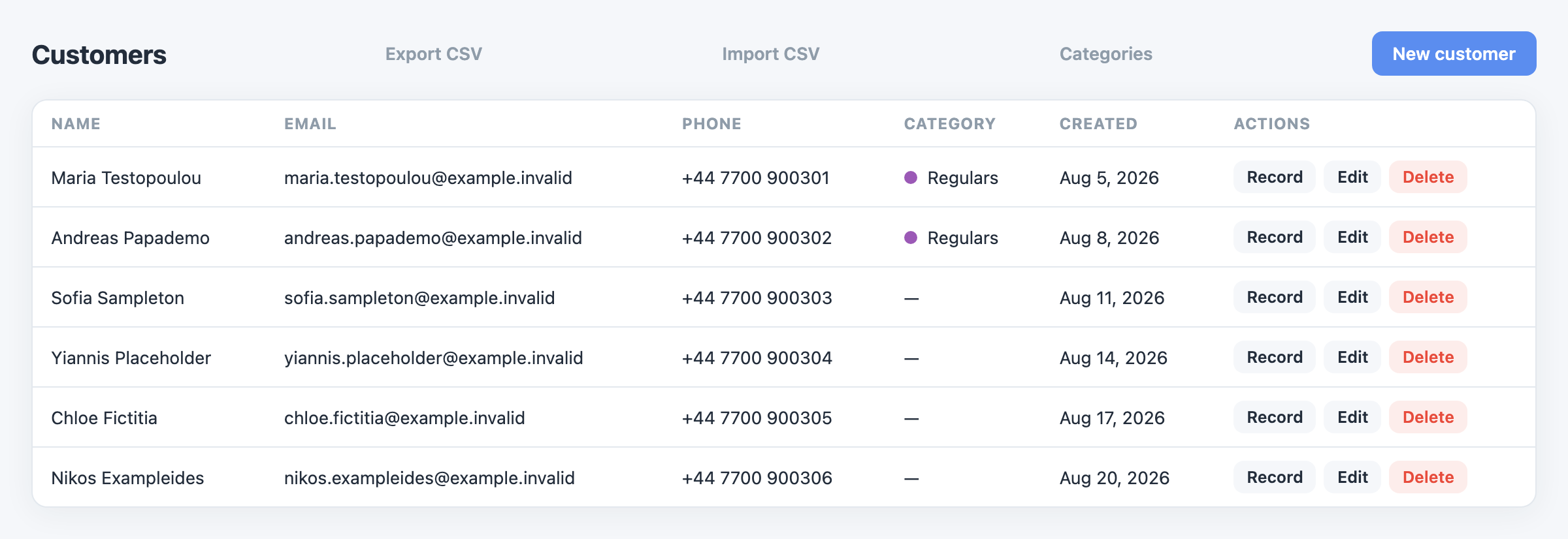 The Customers page after an import, with the Export CSV, New customer and Categories buttons above the list.
