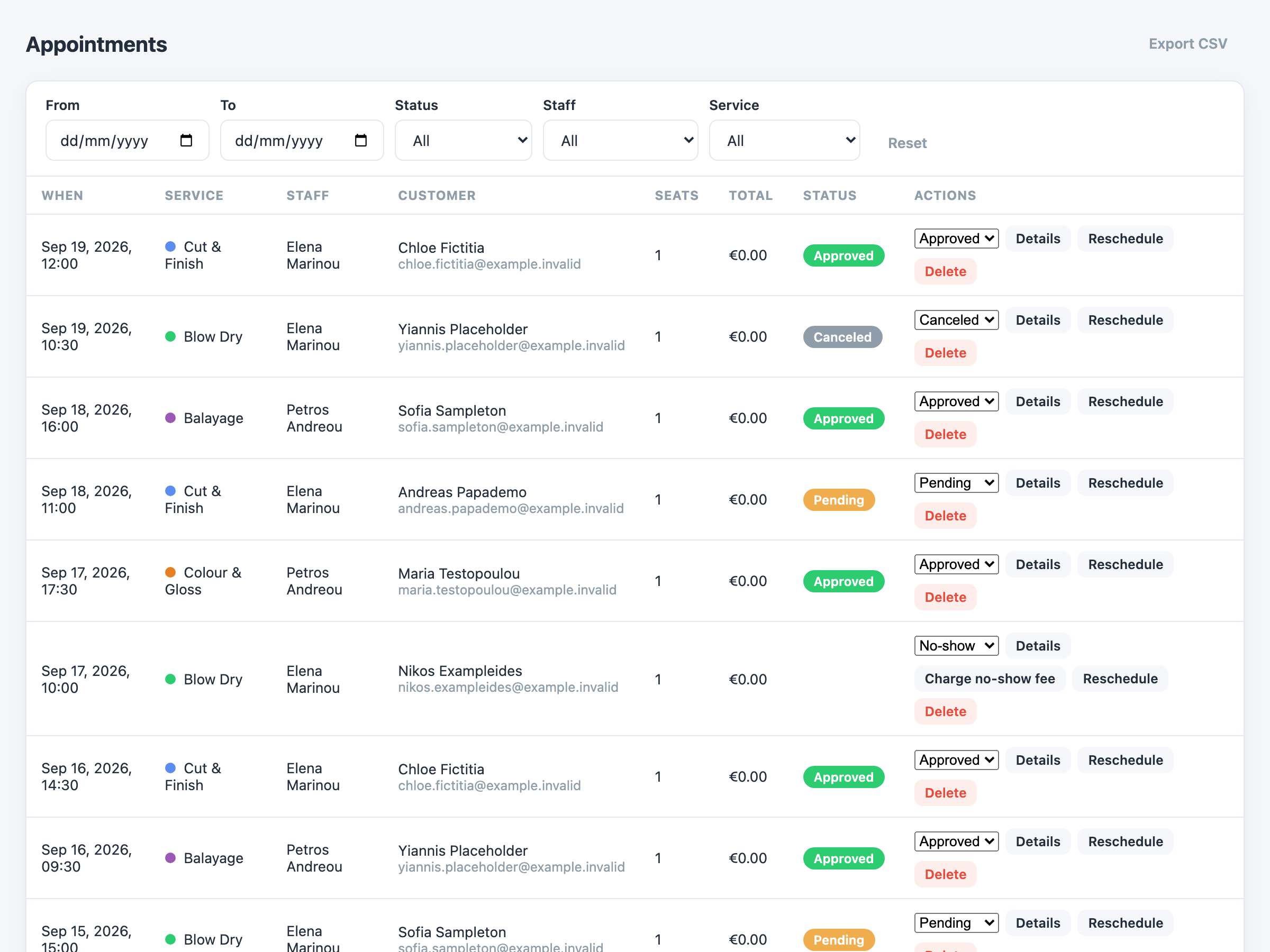The Appointments list with its date, service, staff and status filters, and a status dropdown open on one row.