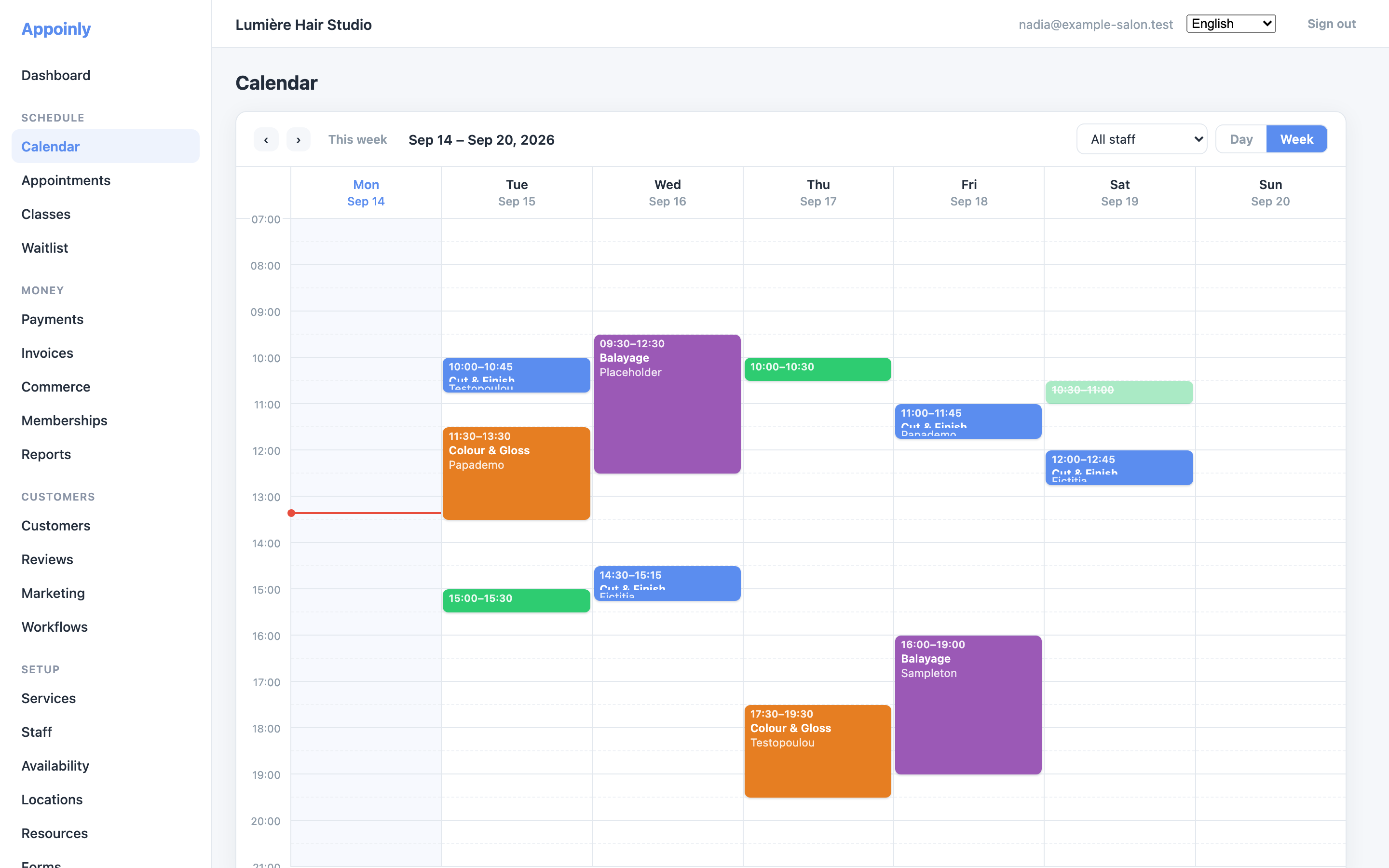 The Calendar in Week view, appointments coloured by service, with the Day / Week / Today controls and the staff filter above it.