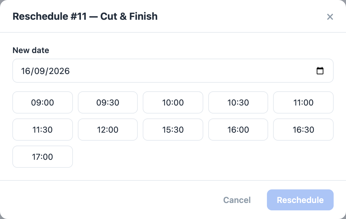 The reschedule panel: a New date picker with that day's free times listed underneath.