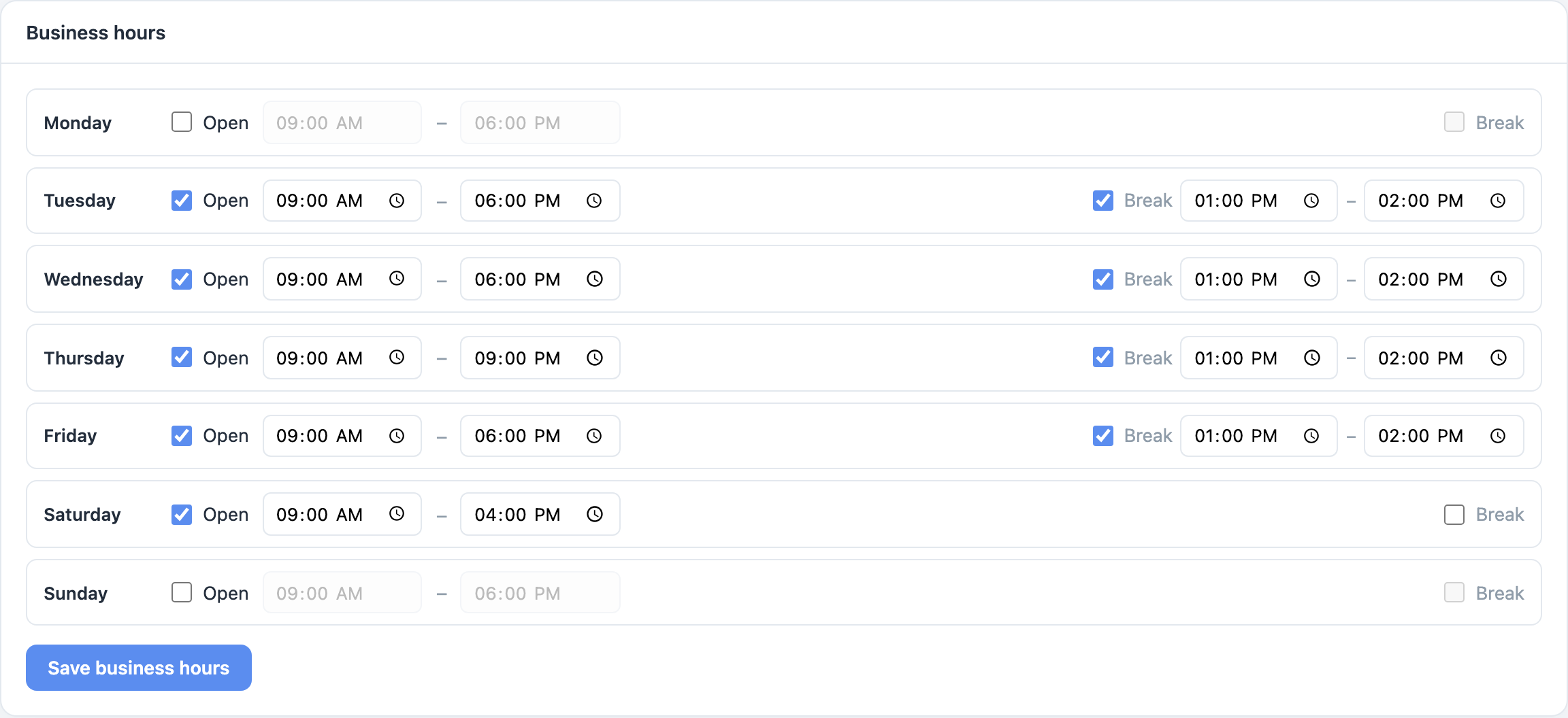 The Business hours tab in Settings: one row per weekday, each with an Open tick, a start and end time, and an optional Break.