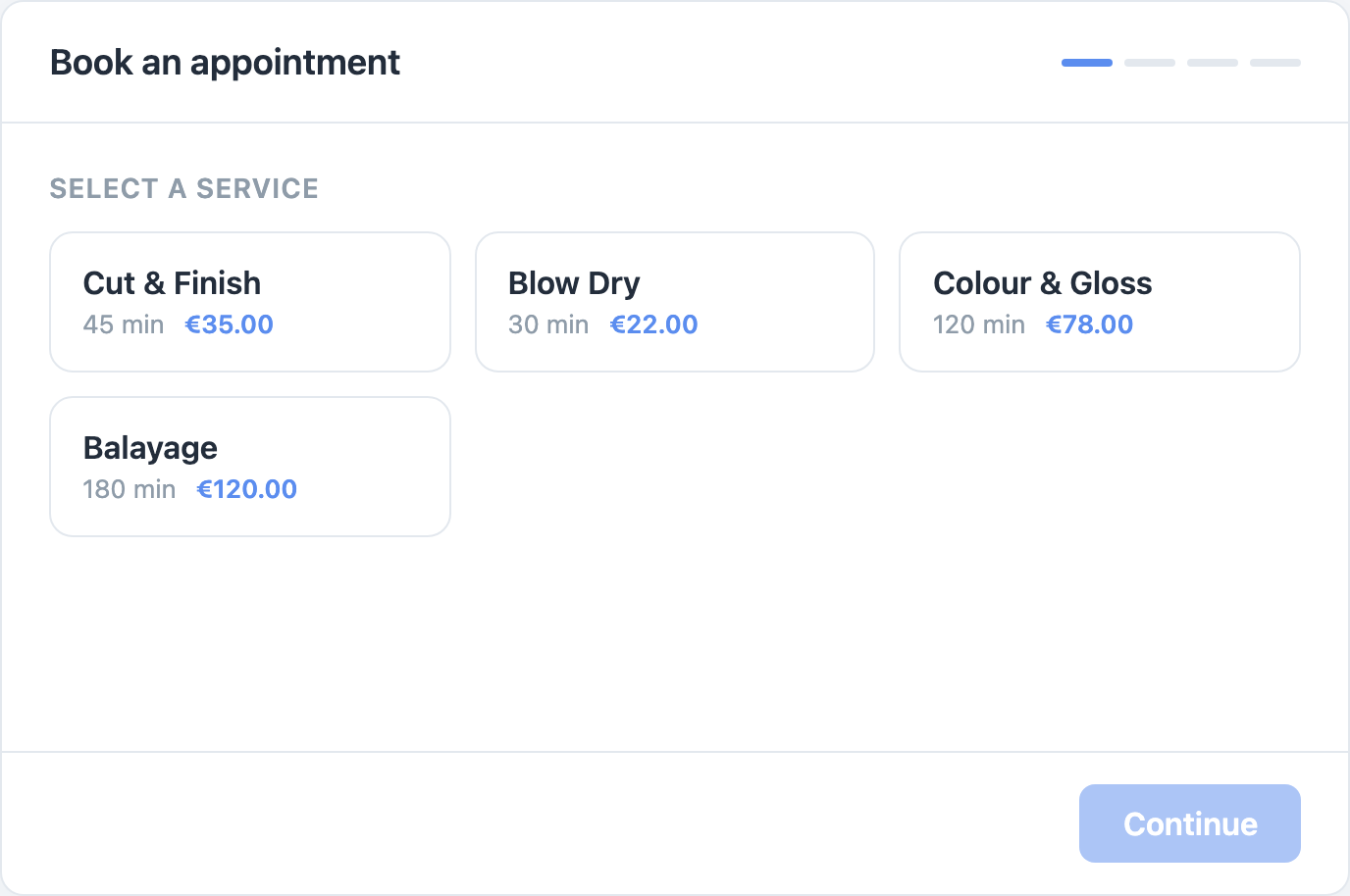 A booking page as customers see it: the business name, its list of services, and the next free times.
